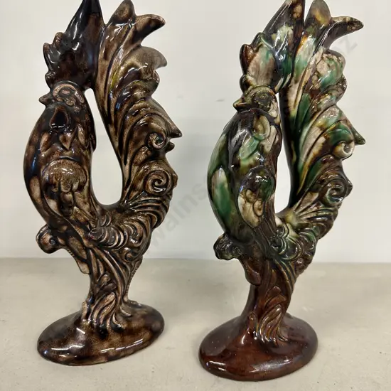 Vintage Green & Brown Roosters Signed Arnels H30cm.